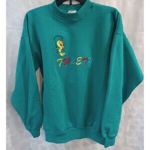 VTG HANES ACTIVEWEAR EMBROIDERED TWEETY BIRD CREWNECK SWEATSHIRT ADULT LG. GREEN